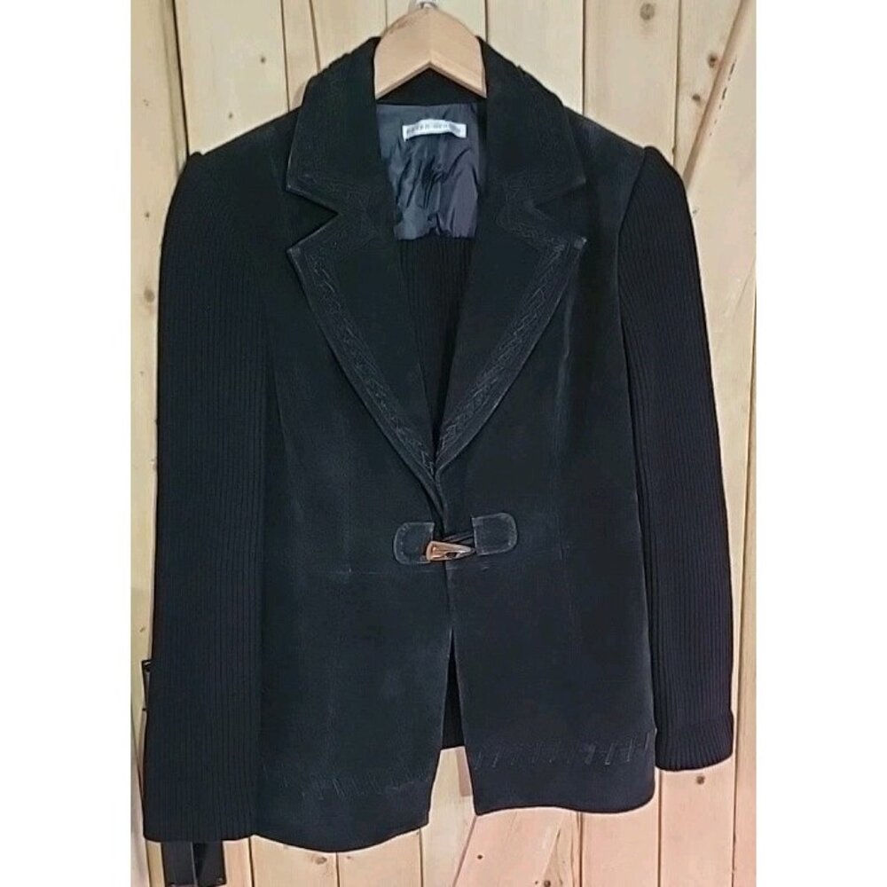 Black Suede Leather Ribbed Knit Blazer Jacket Braided Trim Sz M Old Money VTG